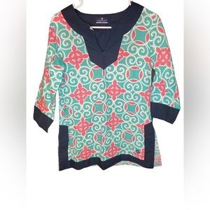 Simply Southern Tunic Top Scroll Print Shirt 3/4 Sleeve Sz Small Navy Teal Pink